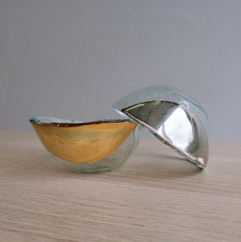 Set of 2 Transparent Fused Glass Deep Sauce/Nuts Bowls Gold/Platinum. Dipping Sauce Bowls. Minimalist Glass Tableware. Vanilla Collection imagem 6