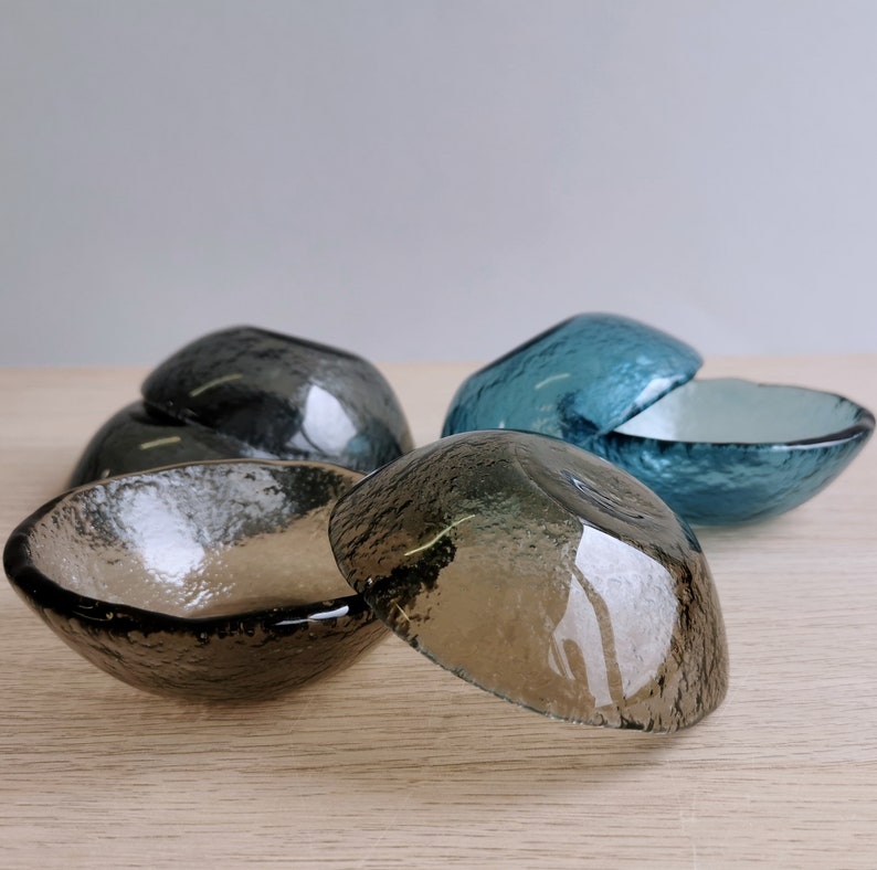 Set of Six Fused Glass Small Bowls. Soy Sauce Bowl. Small Bowls. Minimalist Glass Tableware. Spice Bowls Set of Six Merry Collection Bronze Blue Grey Mix