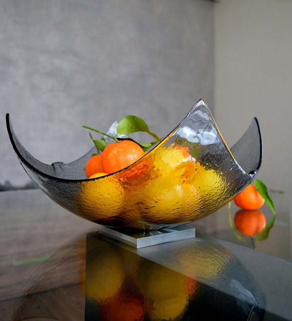 Modern Minimalist Fused Glass Fruit Bowl. Centerpiece Salad Bowl