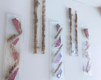 Fused Glass Wall Art Installation: Copper & Brown Pigment - 5 Panel Set