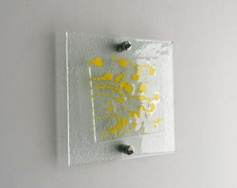 Fused Glass Jackson Pollock Inspired Wall Art Panel. Yellow Detailed Glass Wall Art. Modern Glass Wall Art. Original Glass Art.