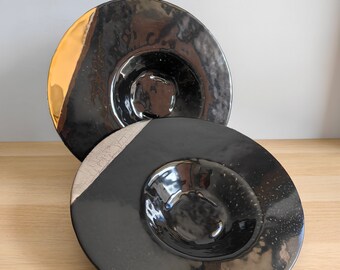 Set of 2 Glass Platters. City Minimalist Black/Platinum Black/Gold Glass Platters. Black/Platinum Glass Shifted Center Pasta Bowl