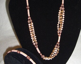 Pink Freshwater Pearl Ndebele Stitch Crystal Beaded Necklace and Bracelet Set