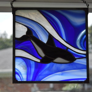 Black and White Orca Whale Stained Glass Panel