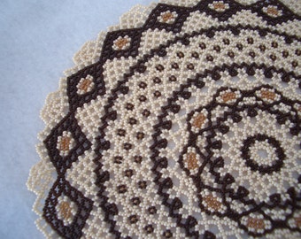 Eggshell, Chocolate, and Topaz Lace Design Beaded Doily