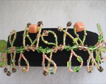 Sparkling Wild and Crazy Lime Green and Peach Crystal Bead Bracelet