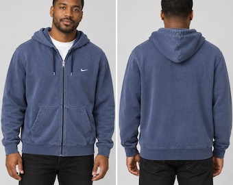 Nike Vintage Mens Full Zip Hoodie Sweatshirt Blue Embroidered Swoosh XL