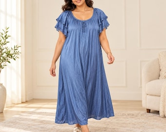 Vintage Ventura Blue Nylon Tricot Flutter Sleeve Nightgown Maxi Lounge Gown 2X