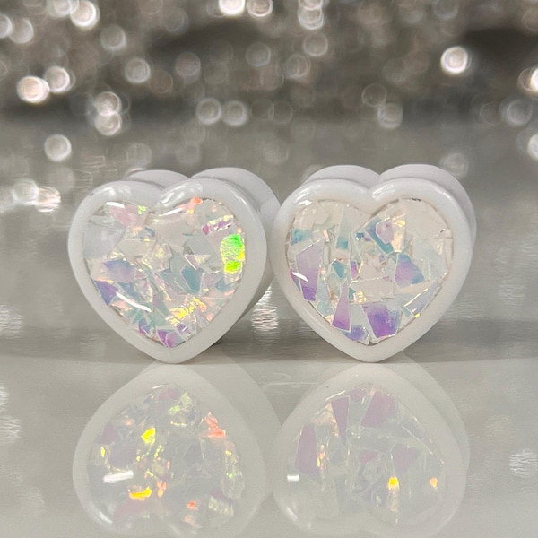 Mosaic Iridescent Glitter White Acrylic Heart Plugs