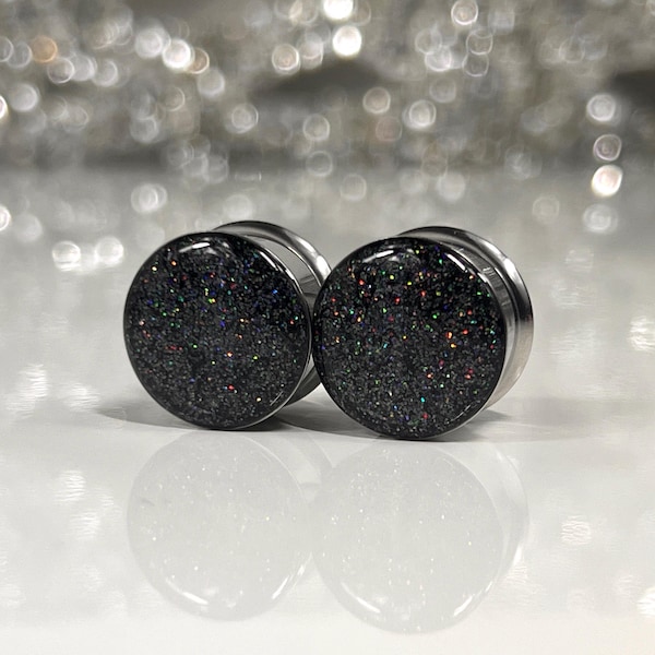 Black Holographic Glitter Plugs 6g-30mm Pair