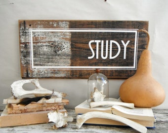 Study Sign. Clue Inspired. White, Black and Weathered Wood