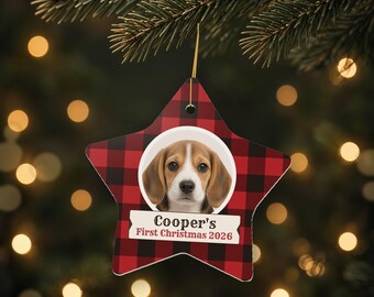 Personalized Puppy First Christmas Ornament, Buffalo Plaid Star, Pet Photo Gift