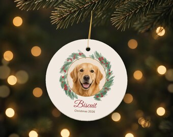 Custom Pet Photo Ornament, Watercolor Wreath Dog Cat Christmas Keepsake (2026)