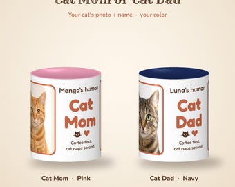 Cat Mom Mug with Photo, Custom Cat Dad Coffee Mug, Personalized Cat Name Mug, Colored Handle, Cat Lover Gift 11oz