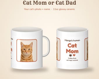 Custom Cat Mom Mug with Photo, Personalized Cat Dad Coffee Mug with Pet Name, Funny Cat Lover Gift, Cat Photo Mug 11oz