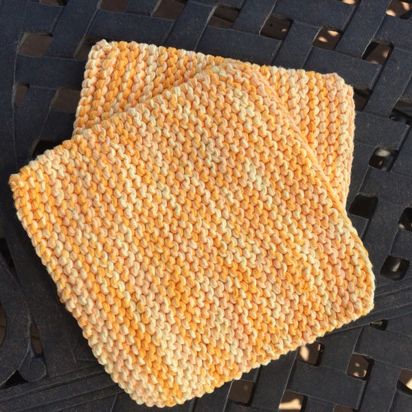 Hand Knit Cotton Pot Holders - Set of 2 - Variegated Yellow Orange Hot Pads - Double Layered - Thick - Washable - Citrus Yarn - Reusable