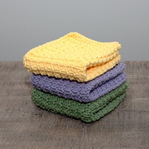 Hand Knit Cotton Dish Cloths - Set of 3 - Yellow Green Purple - Housewarming Gift - Bridal Shower - Kitchen Accessory - Cleaning - Scrub