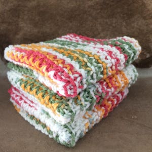 Hand Knit Cotton Dish Cloths - Set of 3 - 100% Cotton - Green, Coral, Yellow & White - Spa Washcloth - Eco-Friendly - Washable - Textured