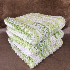 Hand Knit Cotton Dish Cloths - Set of 3 - Variegated Green & White - Shades of Green - Yarn - Handmade - Cleaning Supply - Washable - Clean