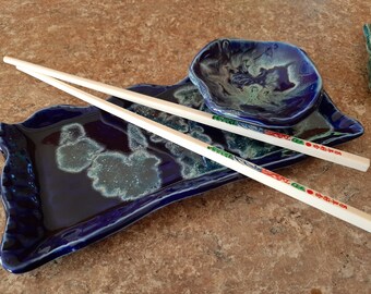 Sushi Plate and Dipping Bowl- Blue splash