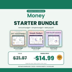 Op de afbeelding: Een digitaal financieel startpakket met drie planningstools: 2027 Annual Budget, Simple Budget en Debt Payoff Calculator. De afbeelding toont spreadsheet-interfaces met grafieken, diagrammen en tekstlabels voor Excel en Google Sheets.