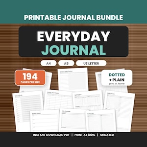 Pacote de Diário Diário Imprimível | 194 Páginas Sem Data | A4, A5 e Carta (EUA) | Pontilhado e Liso | Rastreador de Hábitos, Rastreador de Humor, Orçamento, Gratidão