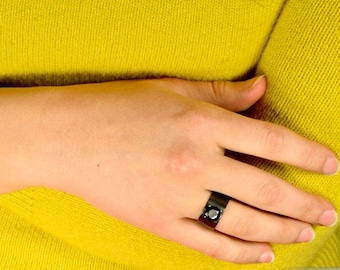 Black Spinel Ring (8mm) with a Wide Silver Band, Statement Ring in Silver and Black Spinel, Blackened Silver Ring