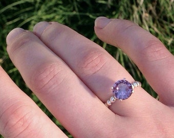 Alexandrite Ring, Silver Bead Band Ring, 8mm Engagement Ring, Wedding Ring
