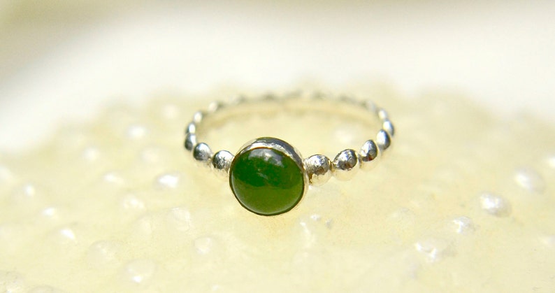 Jade Stacking Ring, Sterling Silver Bead Ring with Jade Gem, Bridesmaids Gifts, May Birthstone image 1