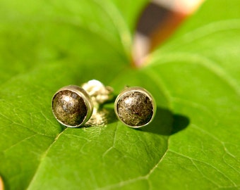 Boucles d’oreilles Sterling Silver and Pyrite, boucles d’oreilles 6mm Stud Pyrite Cabochon