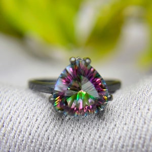 Quartz Ring, 4 carat Rainbow Quartz Trillion Statement Ring, Blackened Sterling Silver and Quartz Ring, Engagement Ring, Promise Ring