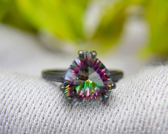 Quartz Ring, 4 carat Rainbow Quartz Trillion Statement Ring, Blackened Sterling Silver and Quartz Ring, Engagement Ring, Promise Ring