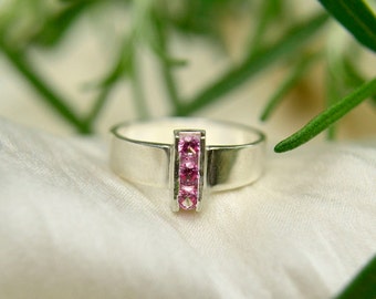 Pink Tourmaline Ring, Sterling Silver 3 Stone Ring, Statement Ring, October Birthstone Ring, Channel Set Gems, 3mm Gems, Free Shipping