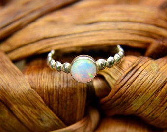 Stacking Ring in Sterling Silver and Opal, Silver Bead Ring with Opal Gemstone, October Birthstone, Bridesmaids Gifts