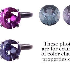 May include: A black ring with a round, faceted gemstone. The gemstone is purple in indoor lighting and blue in outdoor lighting.  These photos are for example of color change properties only.