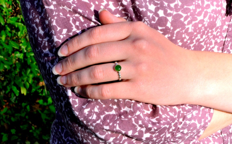 Jade Stacking Ring, Sterling Silver Bead Ring with Jade Gem, Bridesmaids Gifts, May Birthstone image 3