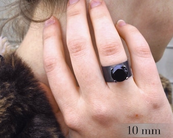 Black Spinel (10mm) Ring with a Wide Silver Band, Statement Ring in Silver and Black Spinel, Blackened Silver Ring