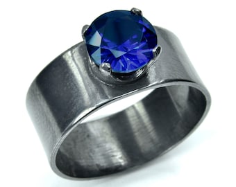 Silver Ring with Deep Blue Sapphire on a Wide Band, September Birthstone, Sapphire Statement Ring