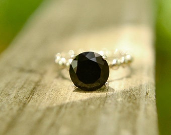 Black Spinel Ring with Silver Bubble Band, Black Diamond Alternative Ring, Handmade Silver Gemstone Ring, Engagement Ring