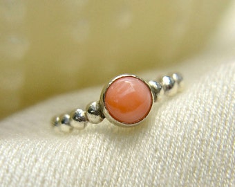 Salmon Coral Stacking Ring, Sterling Silver Ring with Salmon Coral Cabochon, Bridesmaids Gifts