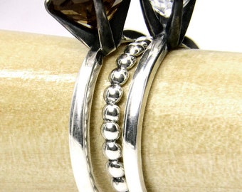 Stacking Ring Set in Silver, Moonbeam Stacking Rings with Smoky Quartz, White Topaz and a Bubble Ring