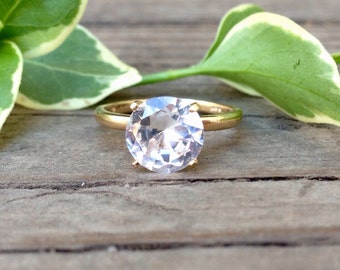 White Sapphire Ring in 14k Yellow Gold, Engagement Ring, Wedding Ring, April Birthstone, Proposal Ring