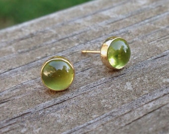 14k Gold Earrings with Peridot Cabochon, Peridot Stud Earrings, August Birthstone, Abish Jewelry Works