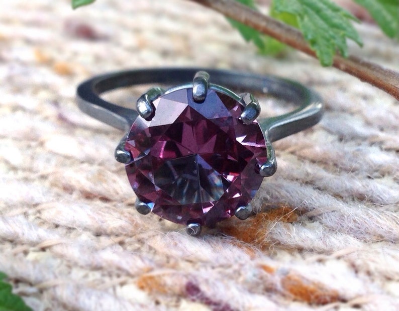 10mm Alexandrite Basket-set Sterling Silver Ring, Color Change Alexandrite, Engagement Ring, Wedding Ring, Blackened Patina image 1