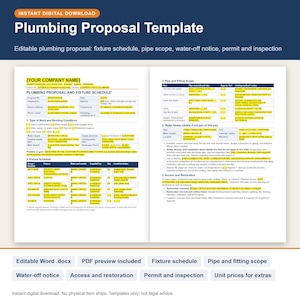 Plumbing Proposal Template, Word Bid Form with Fixture Schedule, Pipe Scope and Permit Terms