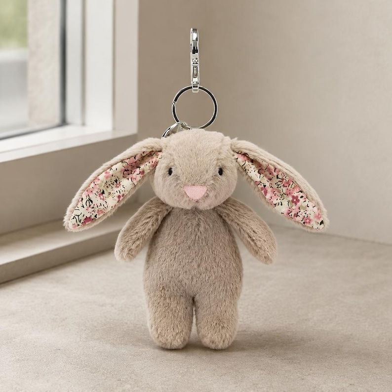 White Rabbit Plush Line Jellycat Taupe Floral-ear Rabbit Plush Keychain, Pink-nose Bunny Gift ...