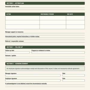 May include: A workplace incident and follow-up log form, part 2 of 2, featuring sections for action plans, follow-up details, and acknowledgments with fields for employee names, dates, signatures, and specific task tracking tables.