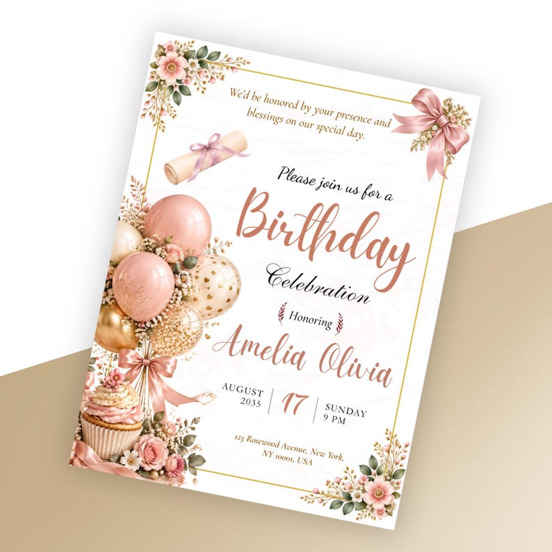 Pink Grad Invite Template Pink and Gold Birthday Invitation, Editable Birthday Party Invite ...