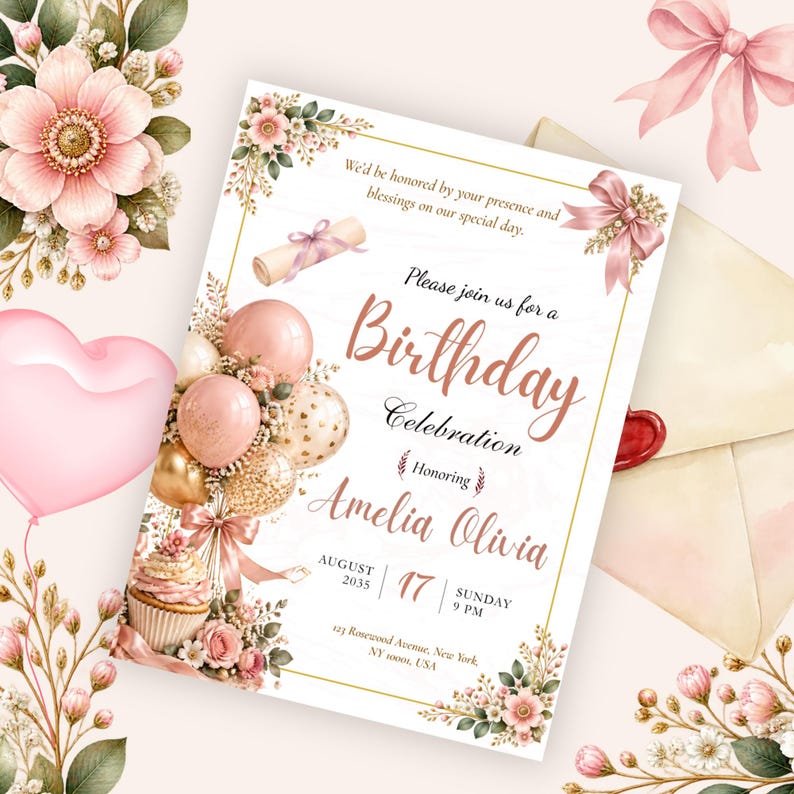 Pink Grad Invite Template Pink and Gold Birthday Invitation, Editable Birthday Party Invite ...
