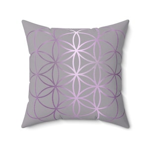 Life - Flower of Life Symbol Sqaure Decorative Room Pillow | Purple Gradient Flower of Life Color on a Lavender - Grey Background